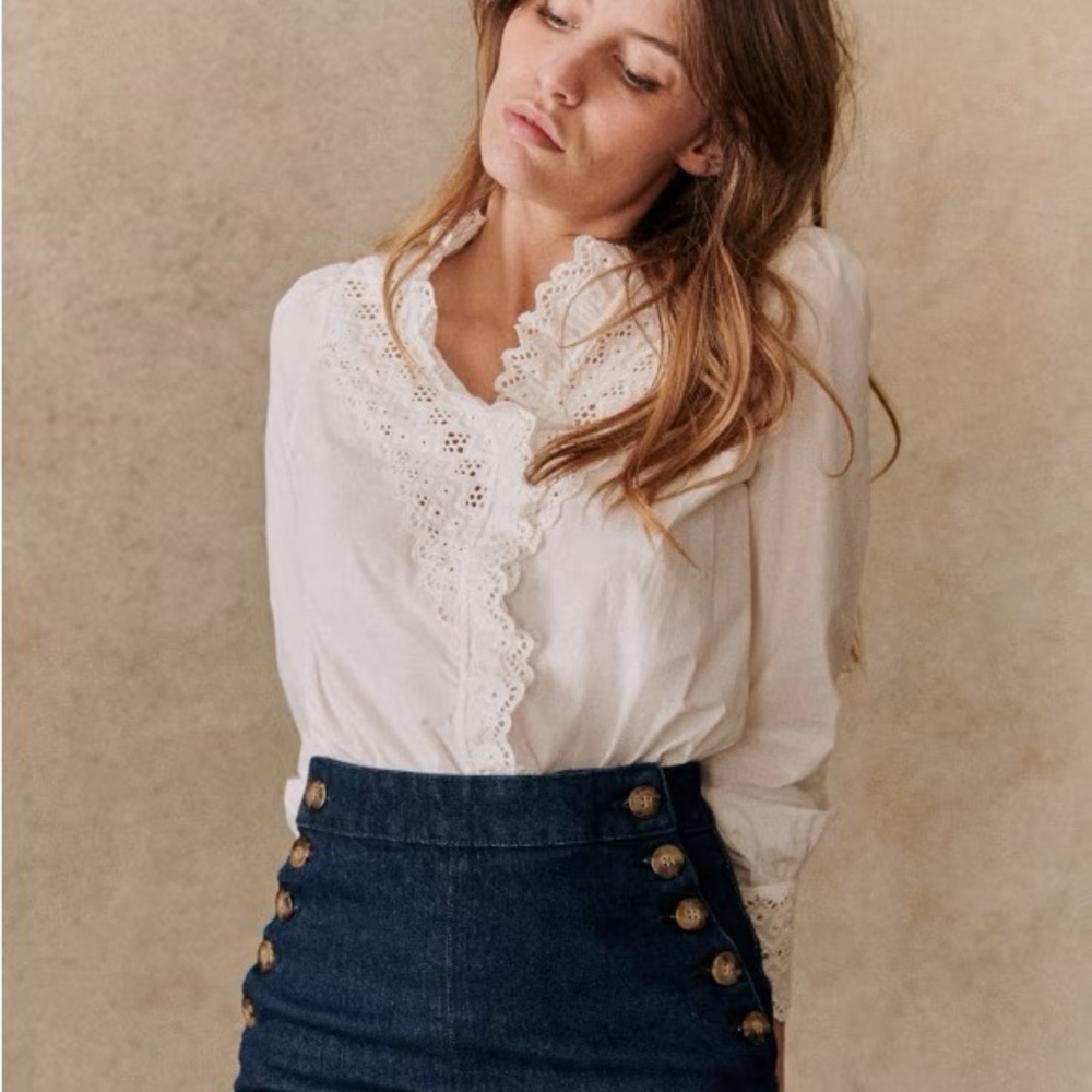 Sézane White Eyelet Lace V-Neck Blouse
